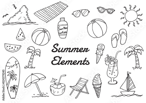 夏、海水浴、夏休みイメージセット（手描き）モノクロ