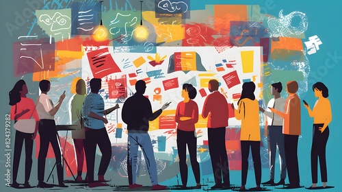 Innovation and Creativity: Group brainstorming in front of a giant whiteboard filled with colorful sticky notes and sketches, vector illustration