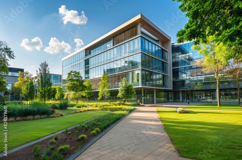 Modern office building with a glass facade, surrounded by greenery and walking paths on a sunny day