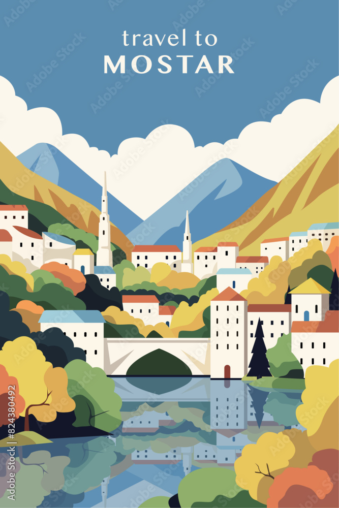 Mostar retro city poster with abstract shapes of skyline, buildings. Bosnia and Herzegovina town vintage travel vector illustration with cityscape