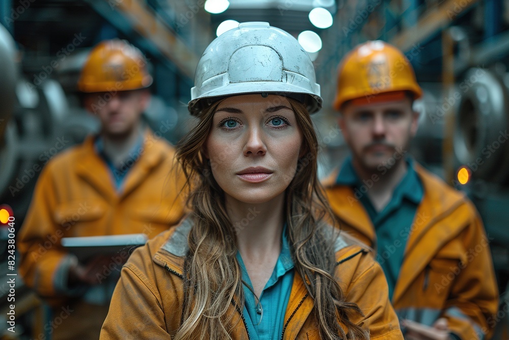 The young engineer wearing a safety helmet is in the workshop The young engineer wearing a safety helmet is in the workshop