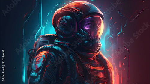 Sci-fi Retrowave space illustration of science fiction scene with mysterious astronaut figure in space suit surrounded by glowing neon tube lights