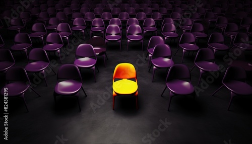 one yellow chair stand out among many purple chairs, we are hiring concept background