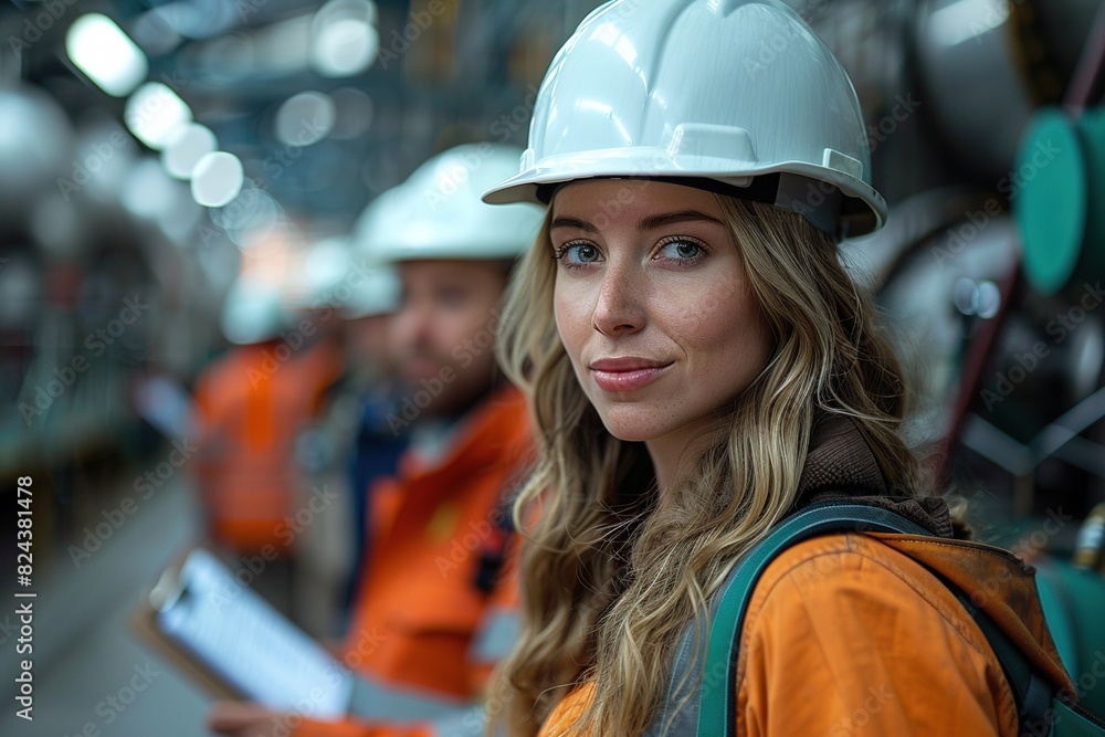 The young engineer wearing a safety helmet is in the workshop