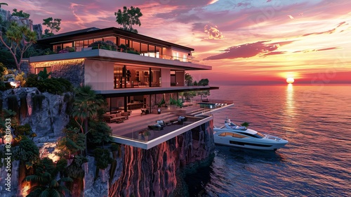 A luxurious villa perched on the edge of a cliff, offering stunning ocean views with a yacht moored at the bottom, all under a beautiful sunset. photo