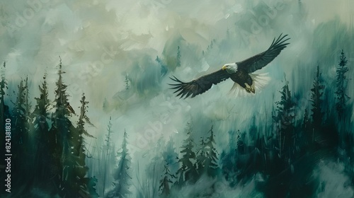 An oil painting depicting an eagle soaring through the sky above forests and wilderness.