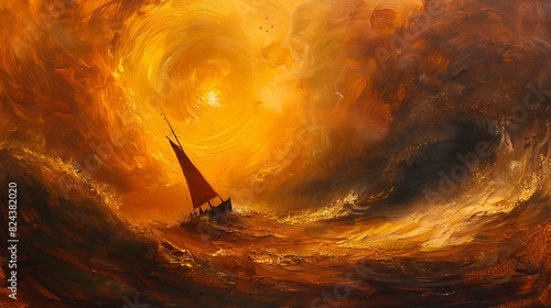 An oil painting depicting a ship sailing through a storm towards a rising sun, reminiscent of the style of William Turner.