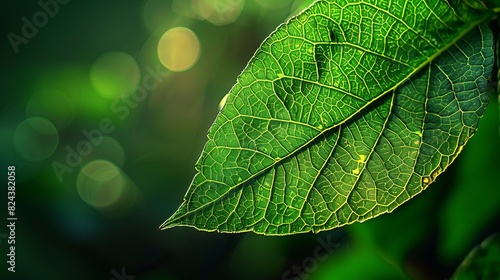 An outdoor photo of a green leaf with veins filled with amber-colored oil, illuminated by natural daylight.