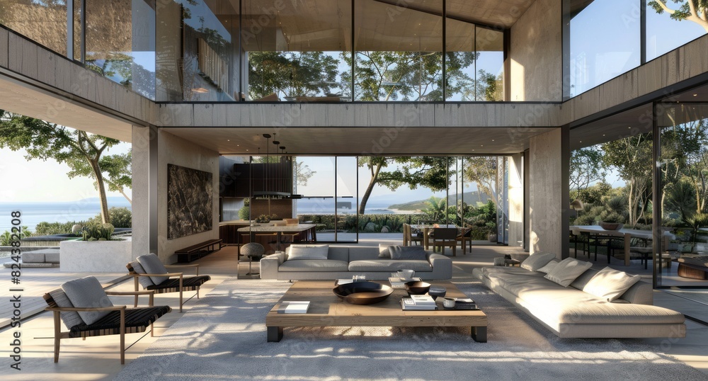 Modern open plan living room with floor to ceiling windows, view of the ...
