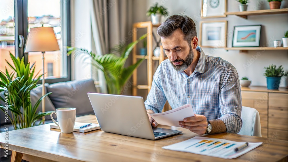 Freelance Financial Planner: A freelancer reviewing financial reports and spreadsheets on a laptop in a home office, illustrating remote work and independent financial planning.	

