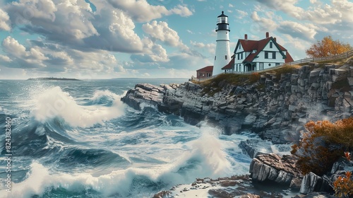 A plush bedroom scene featuring a view of Portland Head Light with large waves crashing on the rocks.