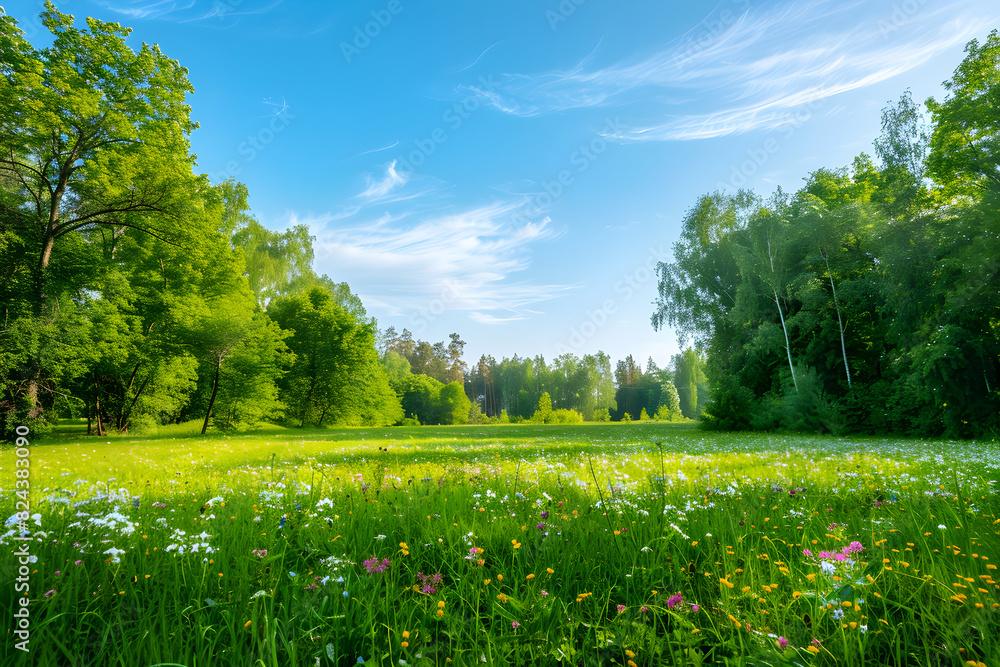 Idyllic Summer Meadow with Blooming Wildflowers and Sunlit Green Landscape Reflecting Nature's Tranquility
