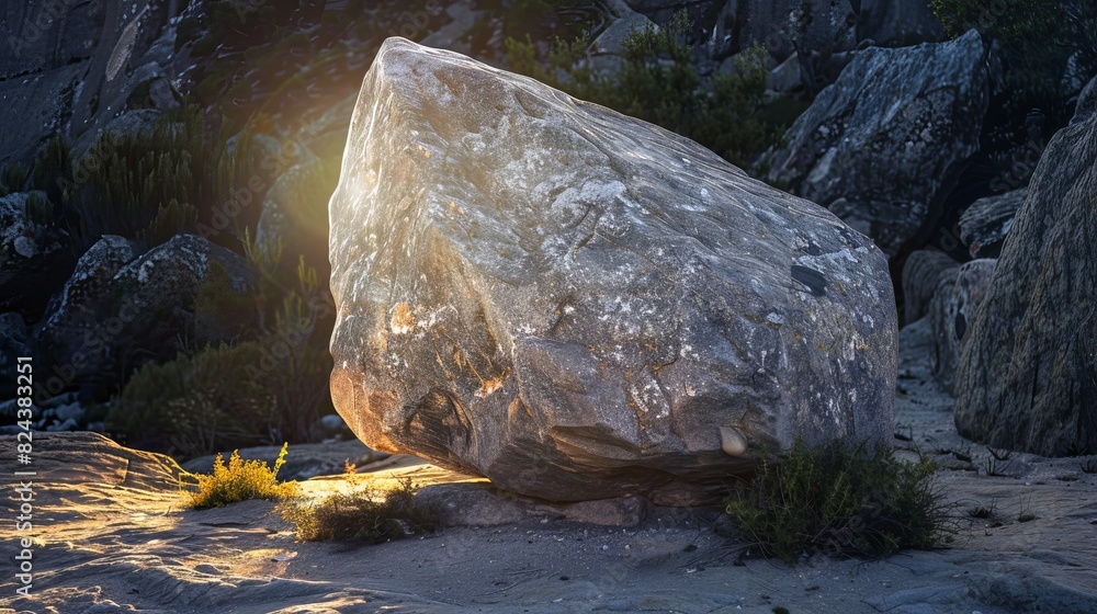 The light shines brightly behind the large stone, creating a backlight effect with the front appearing dark.
