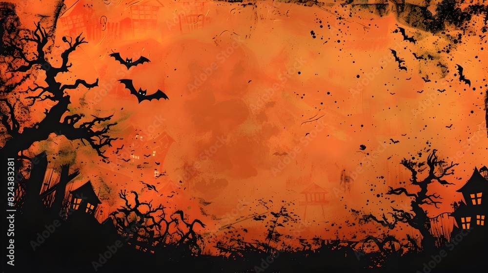 Dramatic Spooky Halloween Backdrop with Silhouetted Bats Houses and Ominous Trees against an Orange and Black Gradient Sky Dramatic Spooky Halloween Backdrop with Silhouetted Bats Houses and Ominous Trees against an Orange and Black Gradient Sky