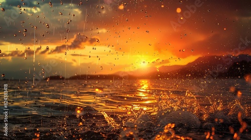 An action photo capturing a realistic sunset with dramatic lighting and rain. © Yusif