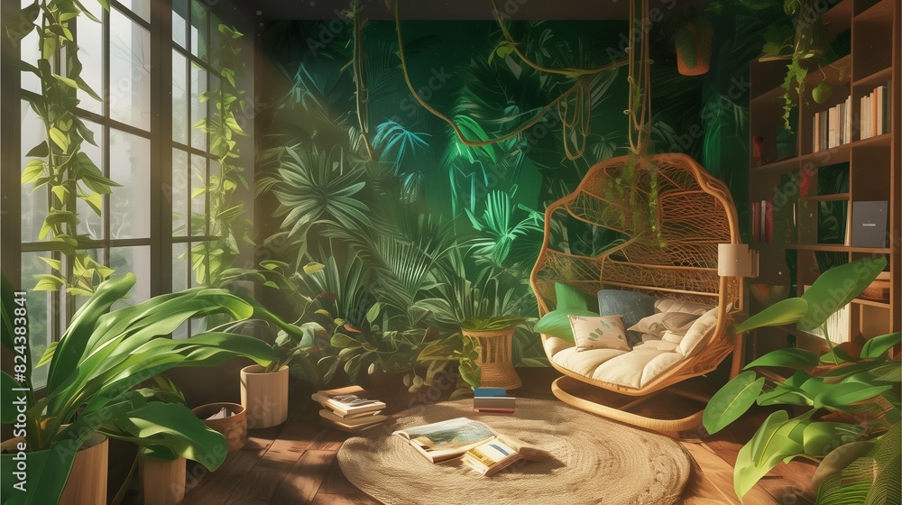 Obraz premium A jungle-inspired bedroom with lush greenery cascading from hanging planters. A statement wallpaper depicting a vibrant rainforest scene covers one wall. A cozy reading nook with a woven chair,AI