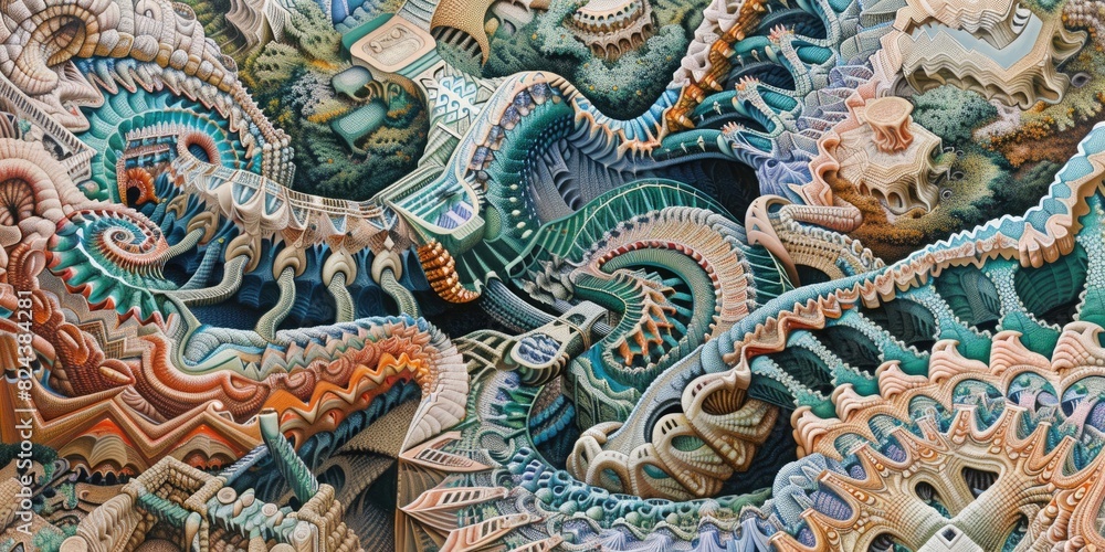 Fototapeta premium Interlocking elements form a complex and engaging pattern, drawing the viewer into a world of meticulous detail and artistry.