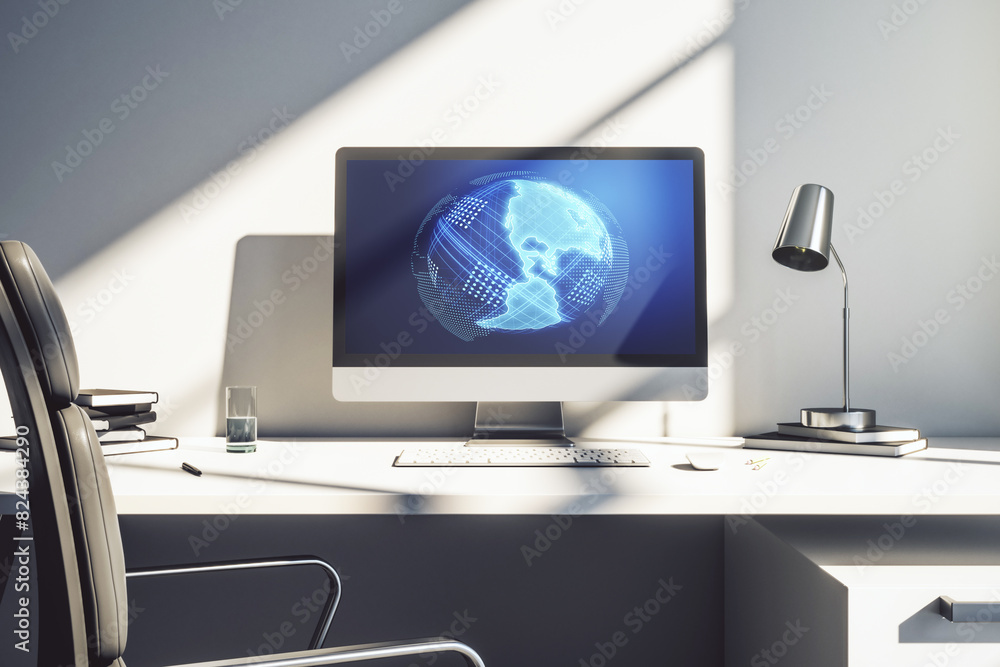 Modern computer monitor with America map, research and strategy concept. 3D Rendering Modern computer monitor with America map, research and strategy concept. 3D Rendering