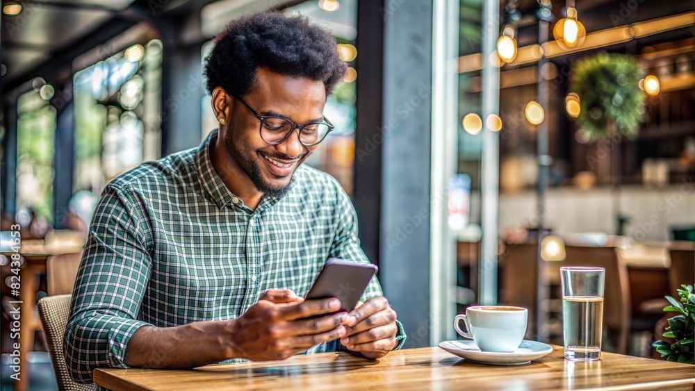 Mobile Microfinance – Man Using Banking App: A young man in a coffee ...