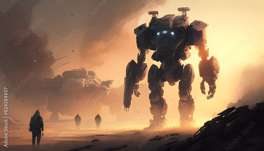 Intense Dystopian Warfare Dominated by Futuristic Mech Walkers and Hover Tanks Engaged in Devastating Battle