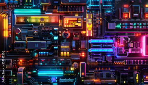 Frontal view of a sleek colorful futuristic vibrant neon electronic component