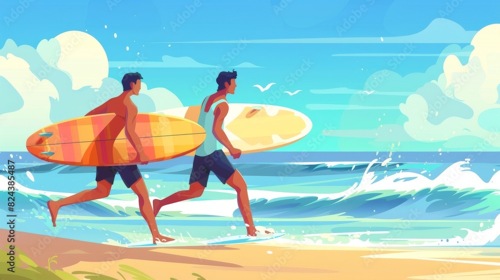 Two male surfers going for surfing in the sea. Two men carrying surfboards running in to the sea for surfing