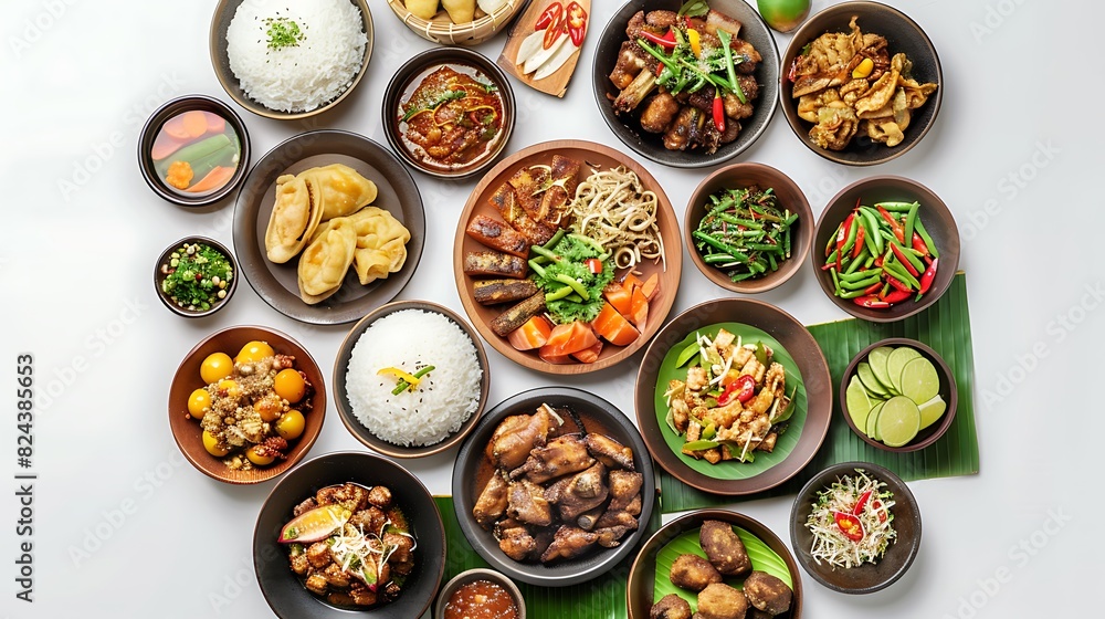 Authentic Indonesian Food Spread in Top View on Plain White Background in High Definition 8K Quality Authentic Indonesian Food Spread in Top View on Plain White Background in High Definition 8K Quality