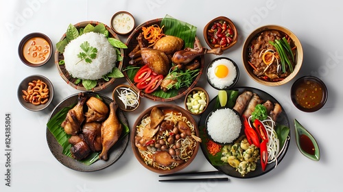 Authentic Indonesian Cuisine Spread on Plain White Background in HD 8K Top View