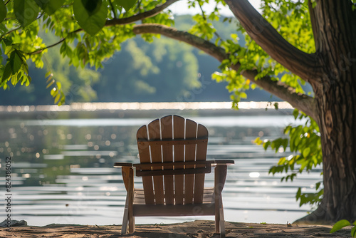 Wooden Chair by the Lakeside Under a Green Tree, Tranquil Summer Day View