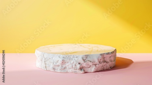 Vibrant Pastel Yellow and Pink Background with Sunlit Marble Podium for Minimalist Product Display