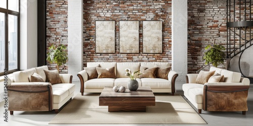 Modern sofa set with cream and brown accents  white walls and brick wall background