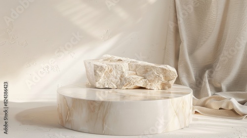 Elegant Sunlit Marble Podium with Linen Texture in Minimalist Beige and Gray Setting for Product Display