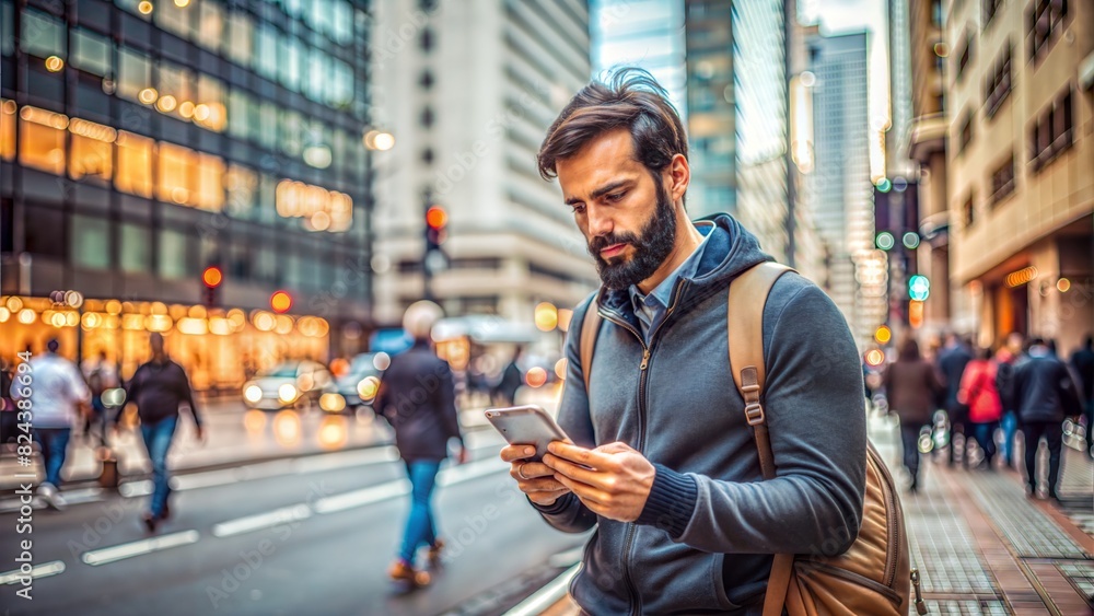 Urban Traveler with Smartphone (16:9): A close-up of an urban traveler checking their smartphone for directions in a bustling city.
Urban Traveler with Smartphone (16:9): A close-up of an urban traveler checking their smartphone for directions in a bustling city.