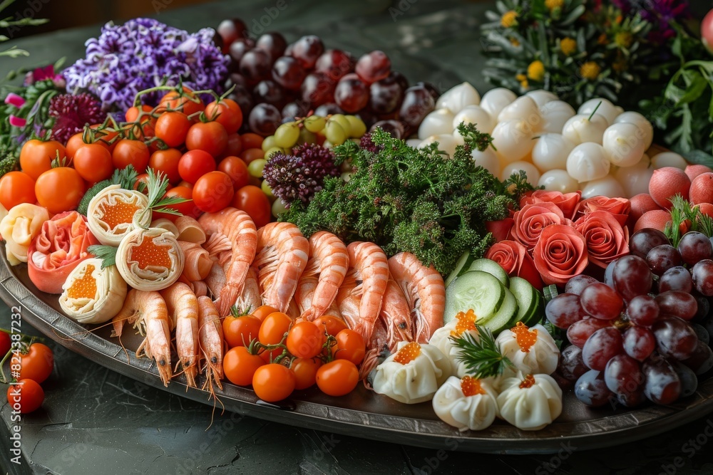 a vibrant Asian salad adorned with succulent shrimp, a tantalizing and nutritious dish capturing the essence of Asian culinary finesse. a vibrant Asian salad adorned with succulent shrimp, a tantalizing and nutritious dish capturing the essence of Asian culinary finesse.