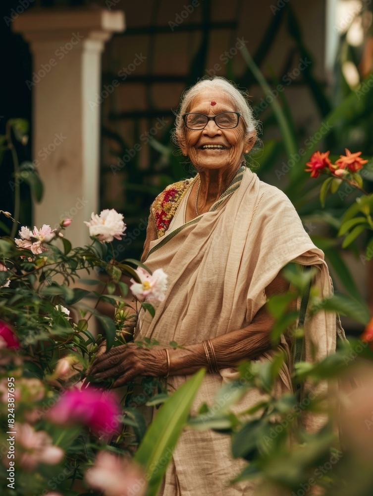 Joyful Senior Indian Woman Gardening in Backyard, Celebrating Active Aging on International Day of Older Persons Joyful Senior Indian Woman Gardening in Backyard, Celebrating Active Aging on International Day of Older Persons
