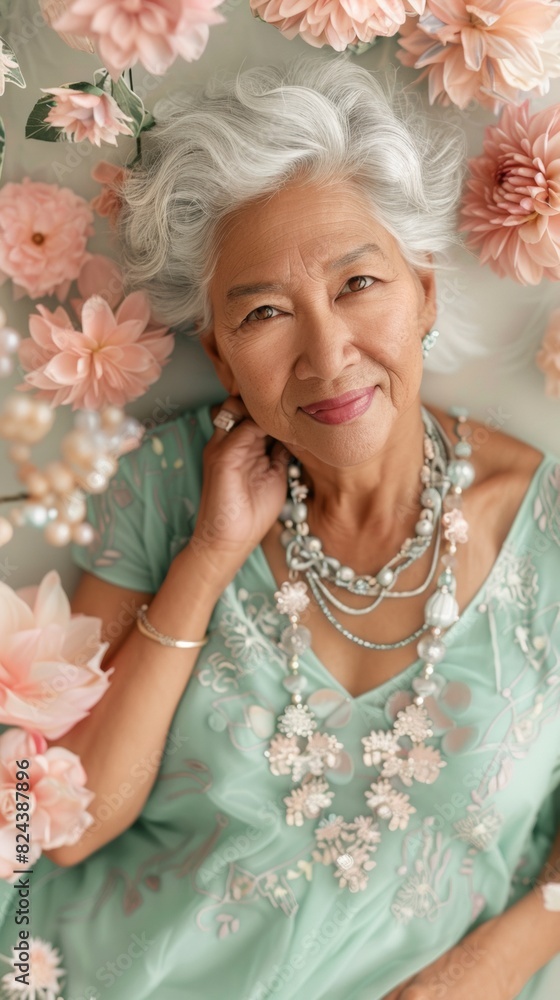 Naklejka premium Radiant Senior Mixed Heritage Woman Celebrates Individuality in Vibrant Floral Dress Surrounded by Blooming Flowers