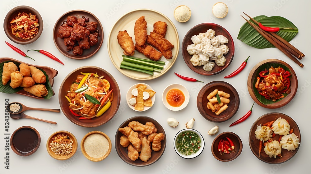 Authentic Indonesian Cuisine Spread - Top View Realistic Group of Traditional Dishes on Plain White Background in HD 8K Resolution