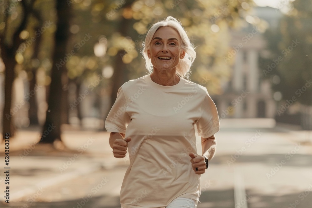 Vibrant Senior White Woman Enjoying a Sunny Day Jog in the Park, Exuding Vitality and Joy