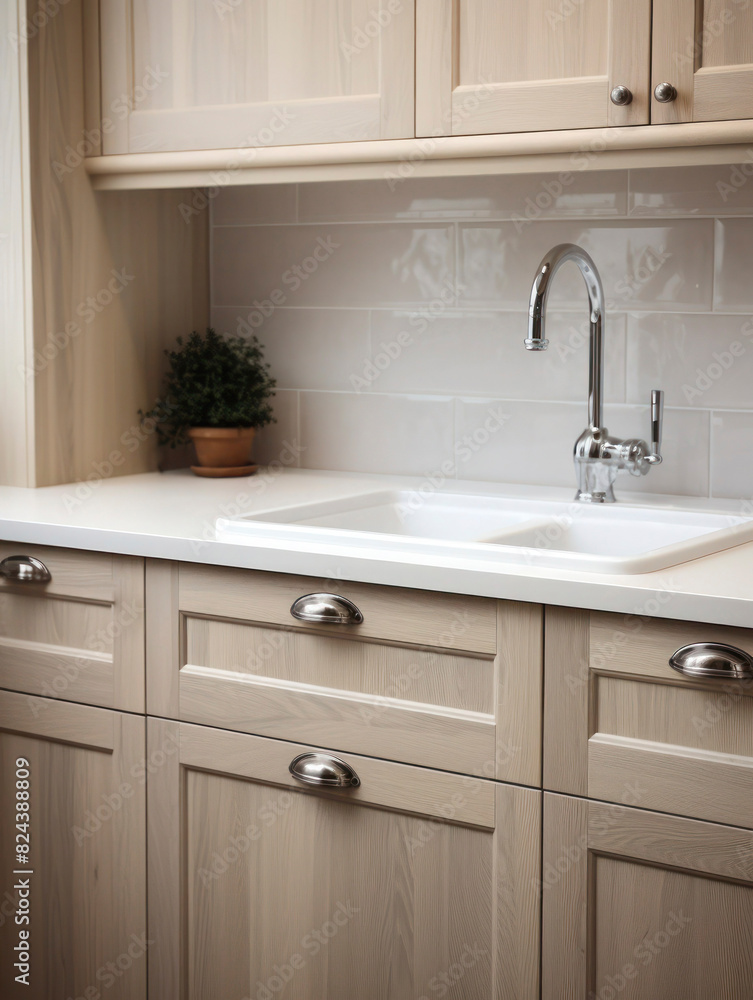 Fragment of modern kitchen design interior, white sink and beige cupboards, vertical image. Fragment of modern kitchen design interior, white sink and beige cupboards, vertical image.