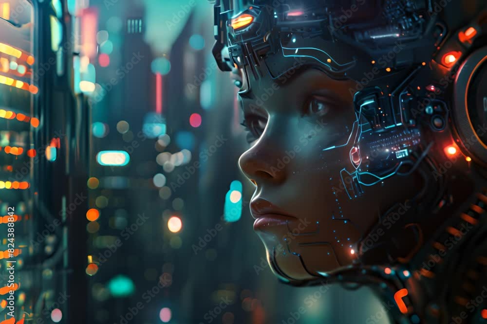 A female robot portrait with intricate circuitry and glowing elements. A female robot portrait with intricate circuitry and glowing elements.