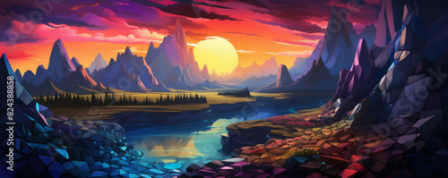 A breathtaking low poly artwork, A sunset over a tranquil landscape, featuring rocky mountains, a calm lake, and vibrant colors reflected in the sky and water.