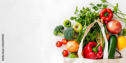 Fresh vegetables and herbs in a reusable shopping bag against a clean white background,