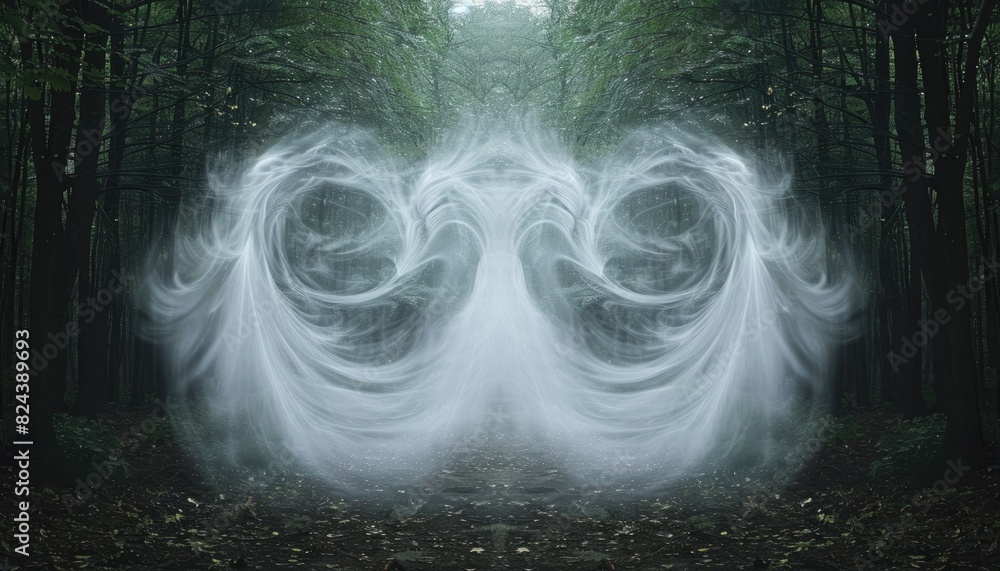 Obraz premium Swirls of mist float symmetrically through a forest, creating an enchanting and mystical background.