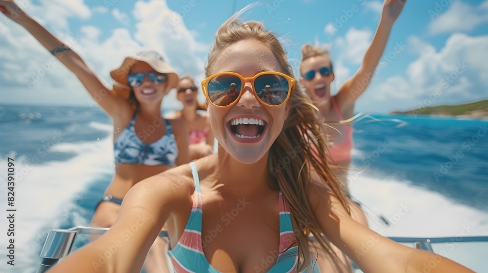 Exhilarating Speedboat Adventure with Joyful Friends Celebrating Summer Vacation Exhilarating Speedboat Adventure with Joyful Friends Celebrating Summer Vacation