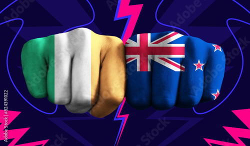 Ireland VS New Zealand T20 Cricket World Cup 2024 concept match template banner vector illustration design. Flags painted on hand with colorful background photo