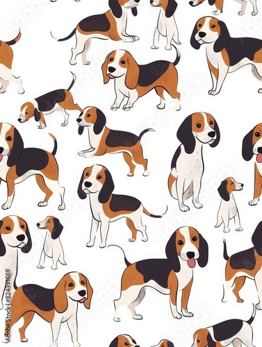 Seamless pattern of Cute Cartoon Beagles in Vibrant Poses: A Cheerful Canine Grid Portrait