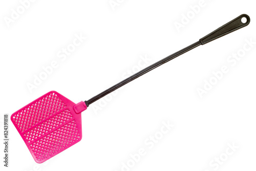 Plastic fly swatter on a white background. A close-up of a pink fly swatter.