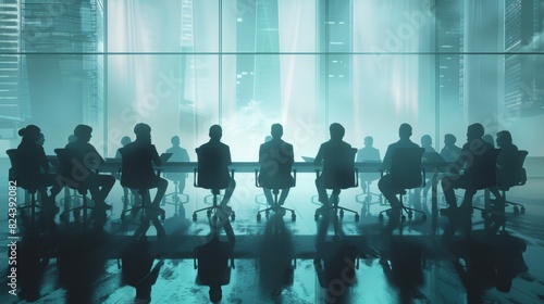 Silhouetted business figures seated around a conference table in a modern office setting illuminated by a teal glow.