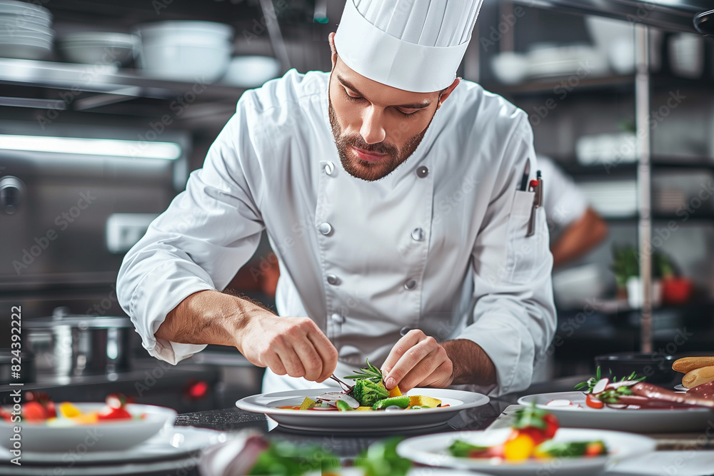 A chef is preparing food in a kitchen with many plates of food on the counter. The chef is wearing a white hat and gloves A chef is preparing food in a kitchen with many plates of food on the counter. The chef is wearing a white hat and gloves