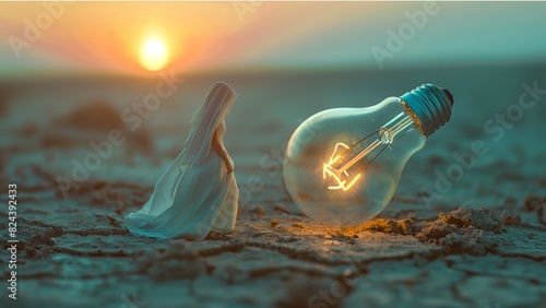 surreal scene. There's a woman dressed in a white gown with a transparent light bulb that is placed on the ground photo